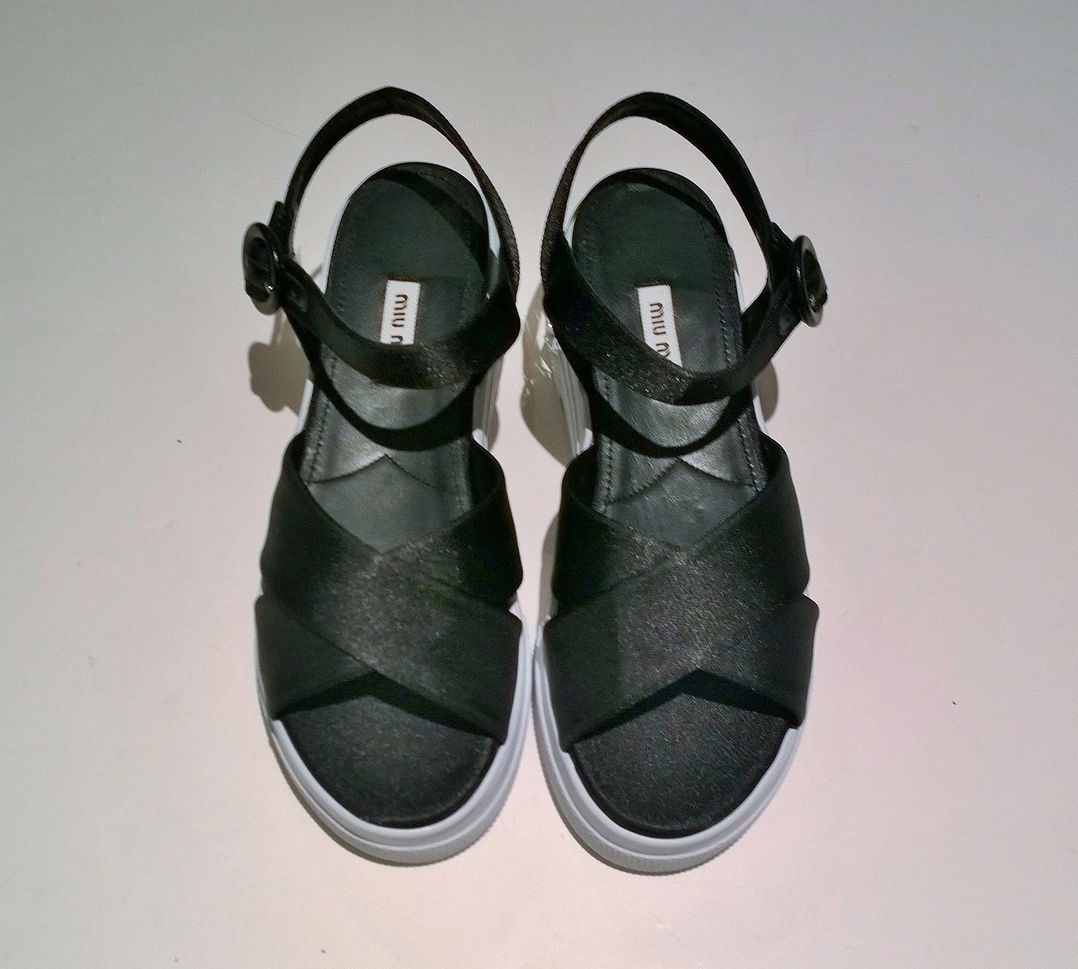 Miu Miu Black Satin Rhinestone Platform Sandals Dressy Wedge Heel Sandals