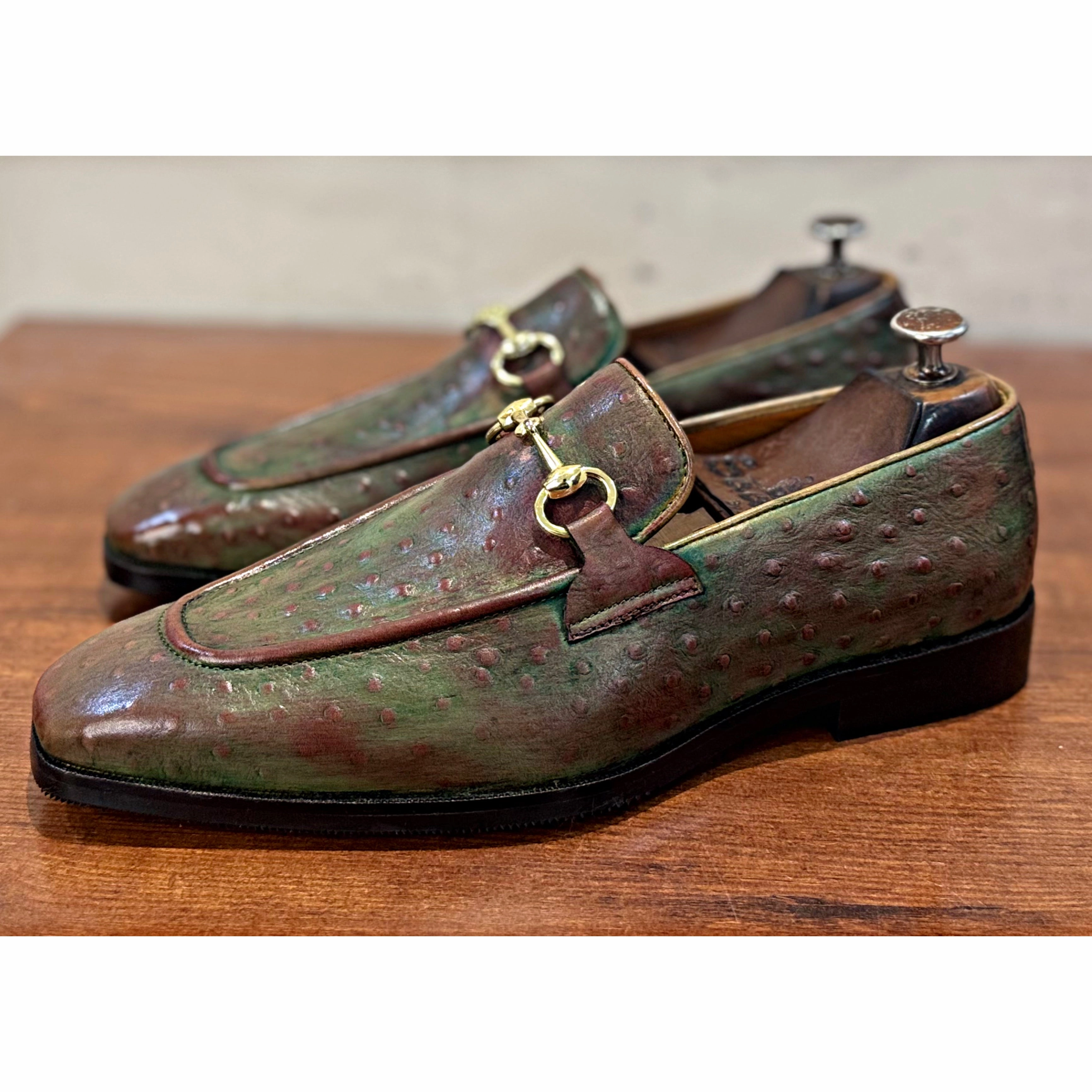 Bottega Loafers Ostrich Embossed Loafers Antiqued