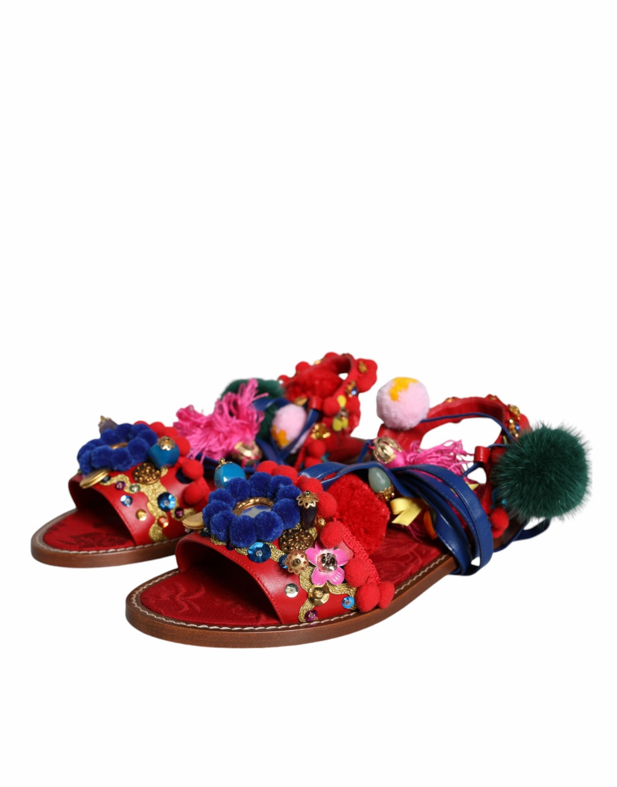 Multicolor Pom Pom Fur Wrap Sandals Shoes Flat To Heel Shoe