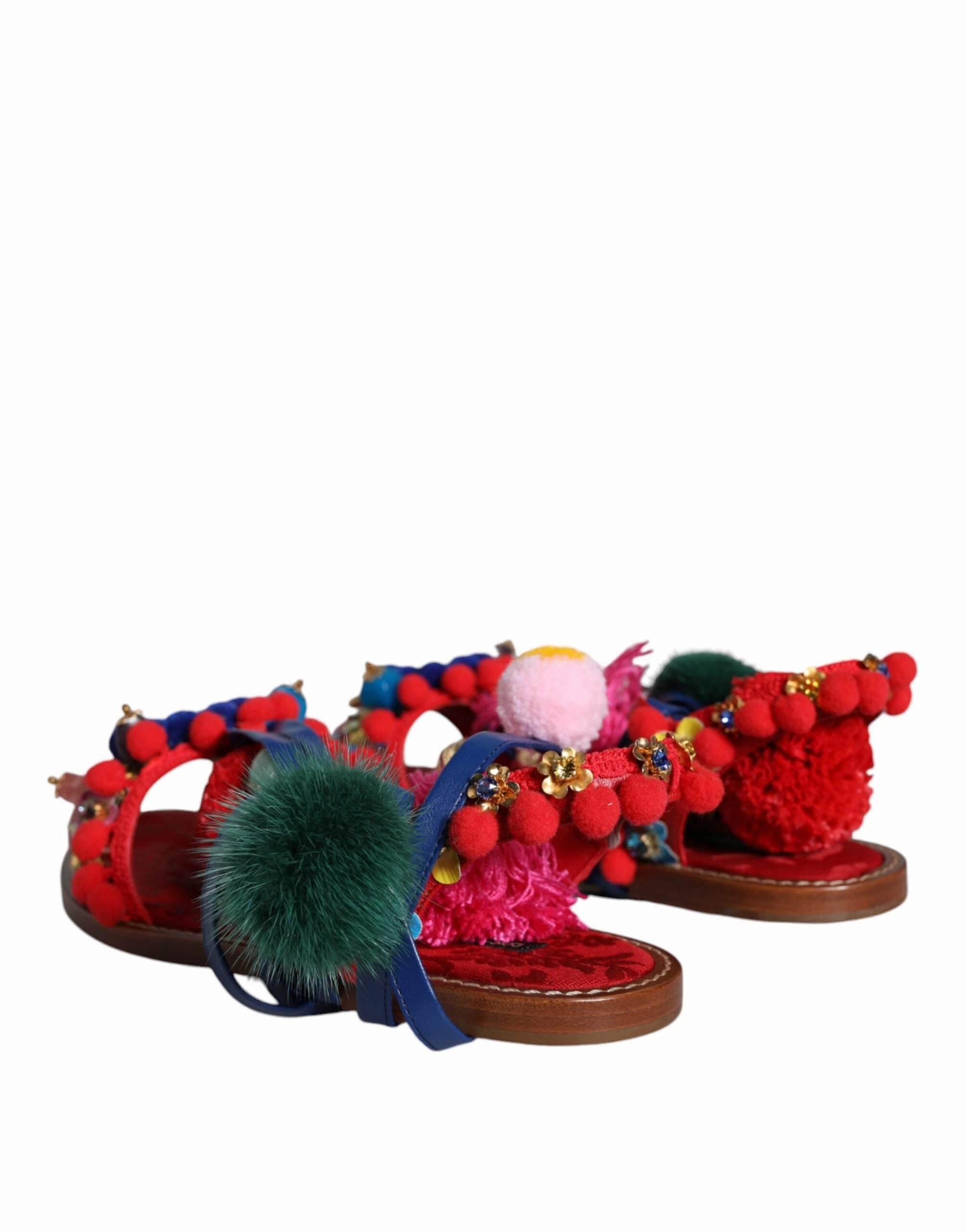 Multicolor Pom Pom Fur Wrap Sandals Shoes Flat Shoes Flat Feet