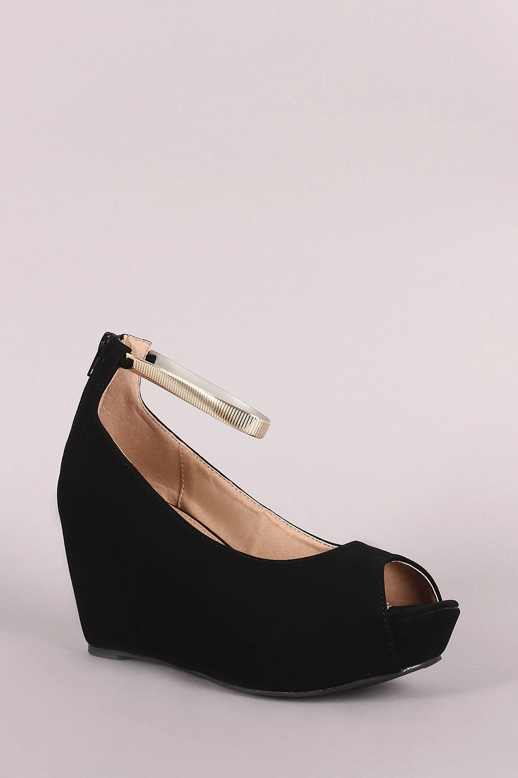 Thick Sole Sandals Nubuck Peep Toe Metallic Ankle Strap Platform Wedge