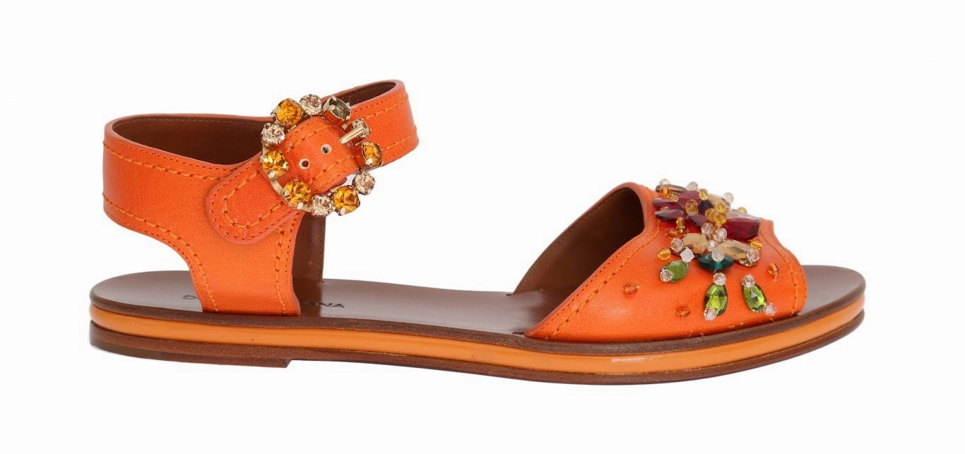 Orange Leather Crystal Sandals Crochet Flats Shoes