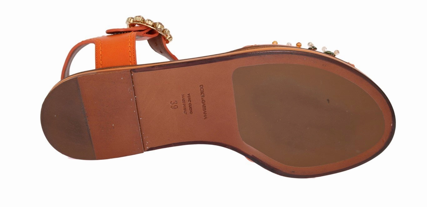 Barefoot Flat Shoes Orange Leather Crystal Sandals