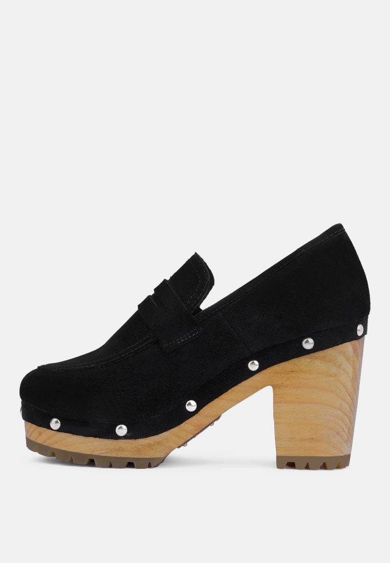 OSAGE Black Clogs Loafers in Fine Suede Block Heel Loafers