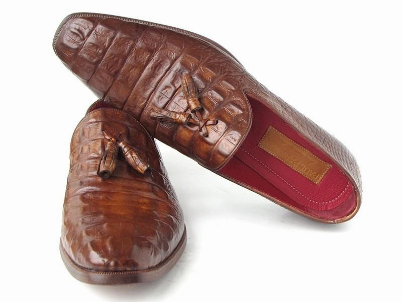 Rugged Penny Loafers Paul Parkman Men's Brown Crocodile Embossed Calfskin Tassel Loafers