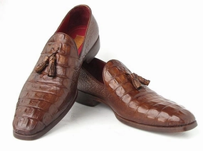 Paul Parkman Men's Brown Crocodile Embossed Calfskin Tassel Loafers Crochet Loafers