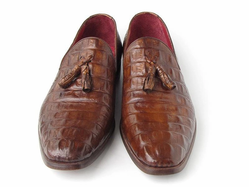 Paul Parkman Men's Brown Crocodile Embossed Calfskin Tassel Loafers Hnm Loafers