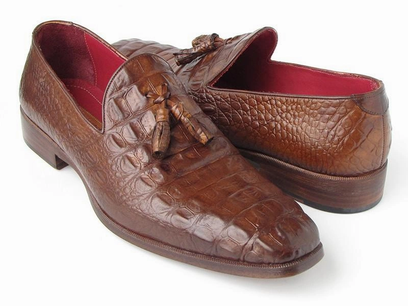 Paul Parkman Men's Brown Crocodile Embossed Calfskin Tassel Loafers Dress Pants With Loafers