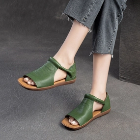 Flat Spring Shoes Women Peep Toe Velcro Casual Leather Flat Sandals