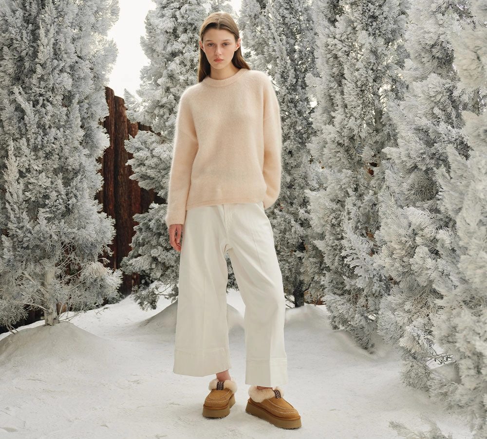 AUSTRALIAN SHEPHERD UGG Slippers Women Sheepskin Wool Collar Ankle Platform Santana Mules Slides Sandals