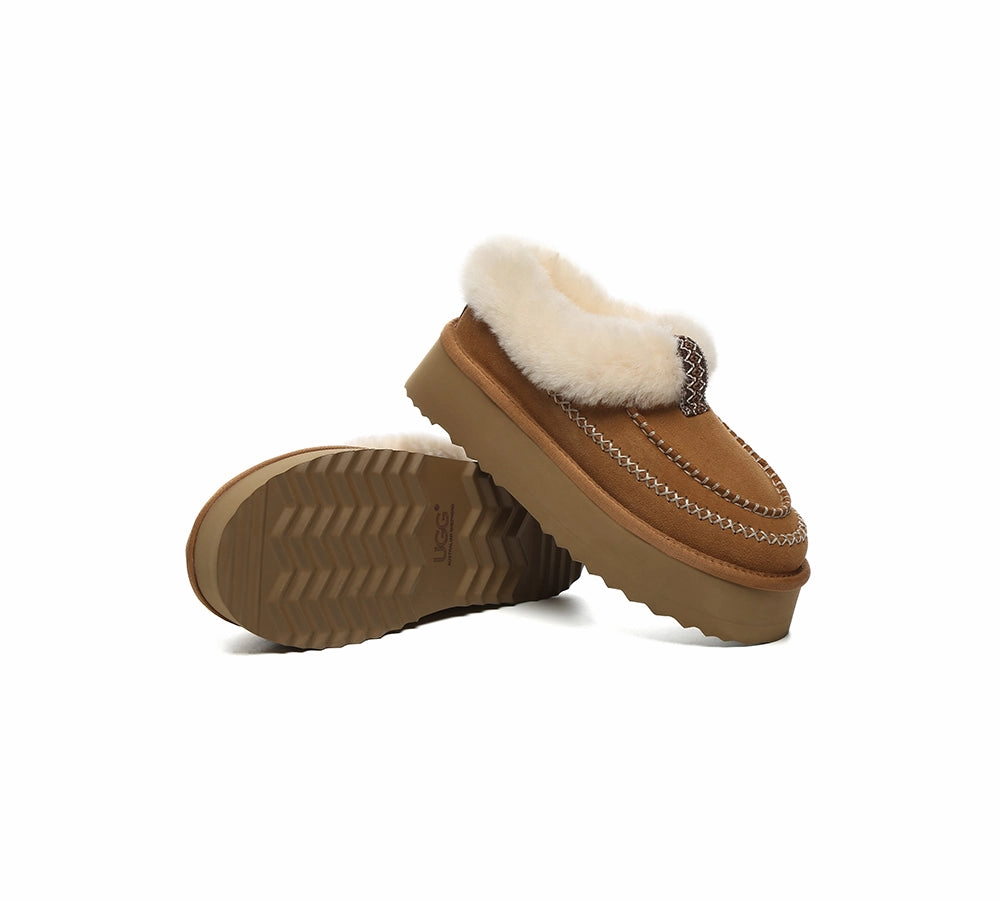 Slides Sand AUSTRALIAN SHEPHERD UGG Slippers Women Sheepskin Wool Collar Ankle Platform Santana