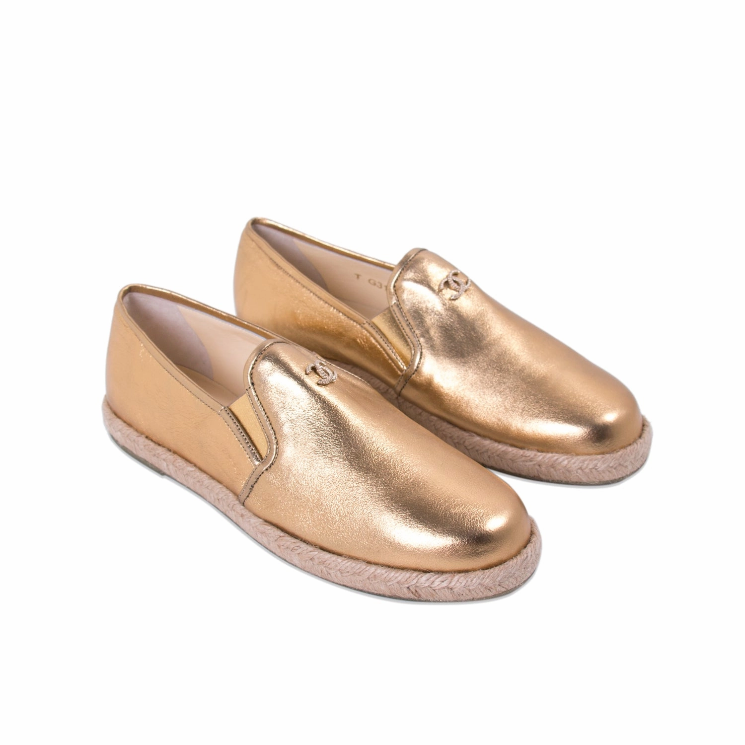 Chanel Gold Metallic Leather Espadrilles Loafers With Buckle