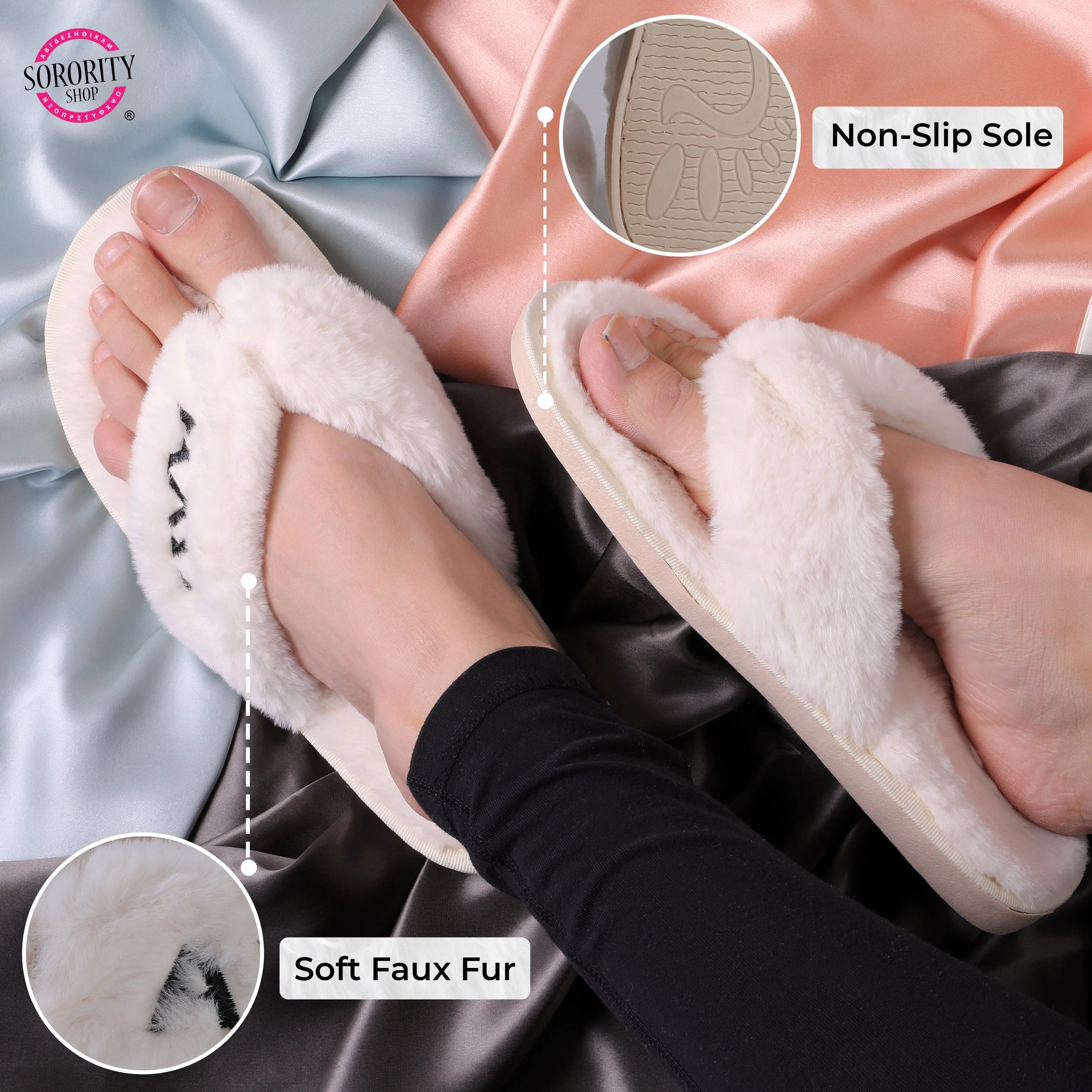 Cotton Scuff Slippers Zeta Tau Alpha - Furry Slippers Women - With ZTA Embroidery Logo