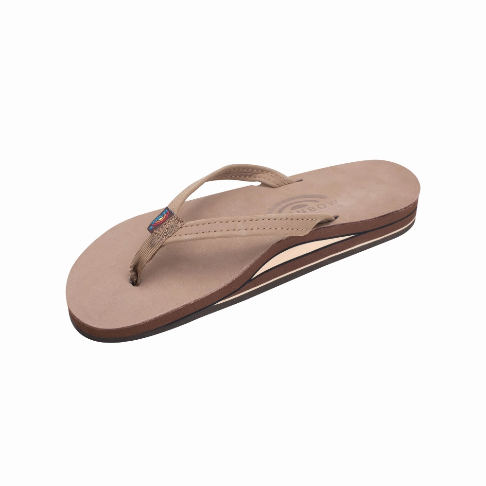 Rainbow Sandals Women's Arch Narrow Strap Double Layers Dark Brown Leather Fashioned Flip Flops