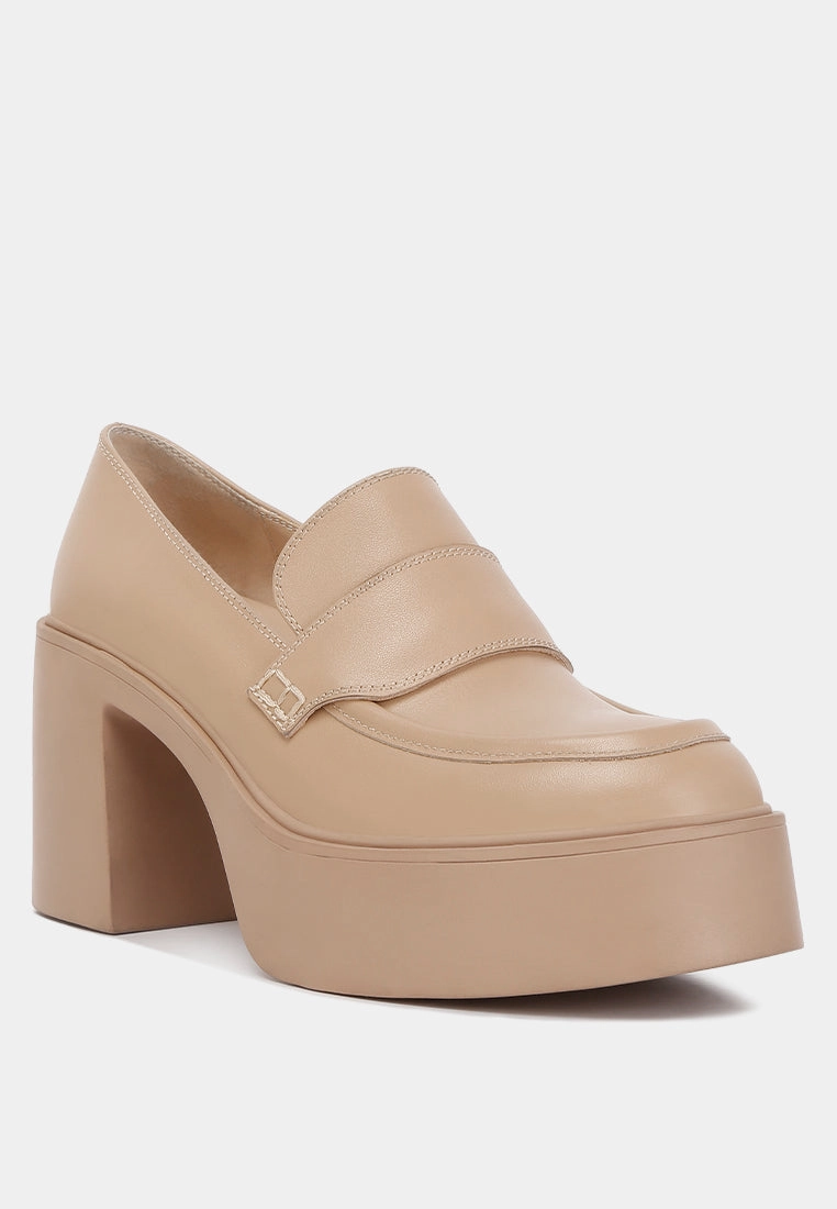 Elspeth Heeled Platform Leather Loafers in Sand Moccasin Toe Loafers