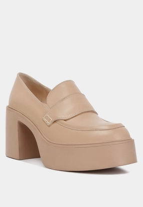 Elspeth Heeled Platform Leather Loafers in Sand Sanctuary Loafers
