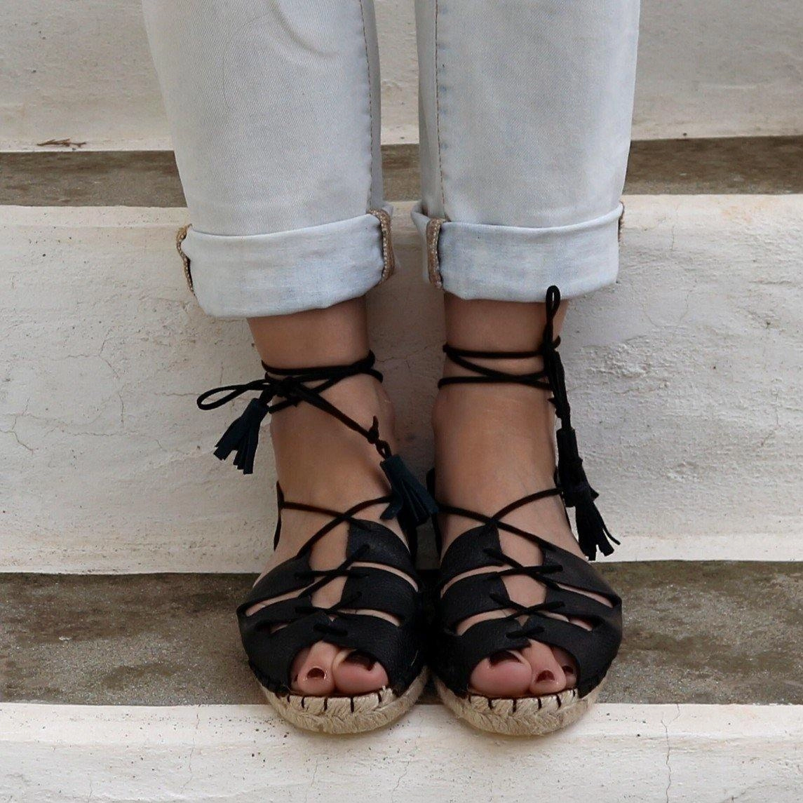 Natural Soul Shoes Flats Gladiator Espadrilles-- Black Leather - Classic Sole