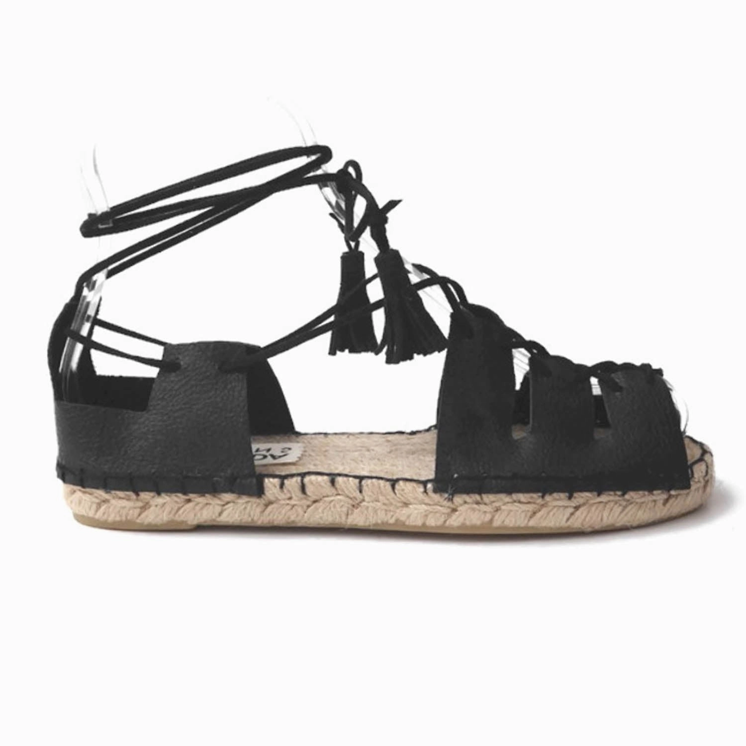 Palladium Flat Shoes Gladiator Espadrilles-- Black Leather - Classic Sole