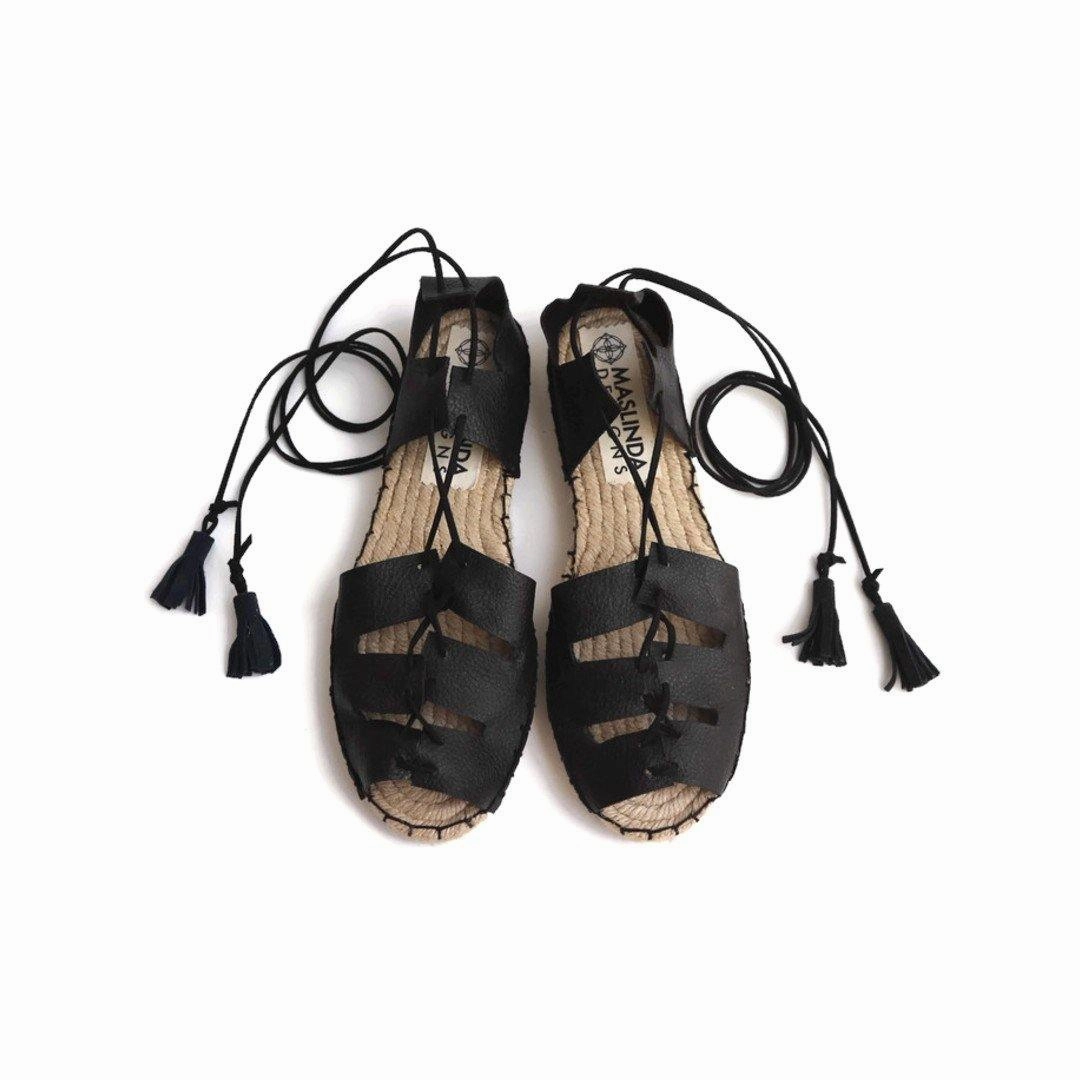 Gladiator Espadrilles-- Black Leather - Classic Sole Best Running Shoes Flat Feet Shin Splints