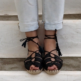 Cut Out Shoes Flats Gladiator Espadrilles-- Black Leather - Classic Sole