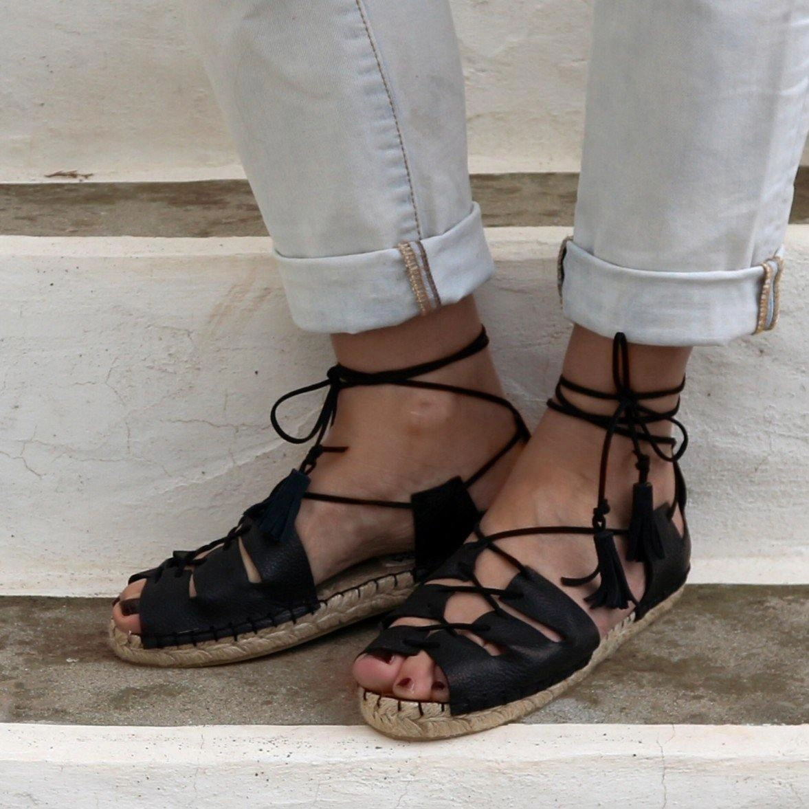 Wearing Flat Shoes Cause Pain Gladiator Espadrilles-- Black Leather - Classic Sole