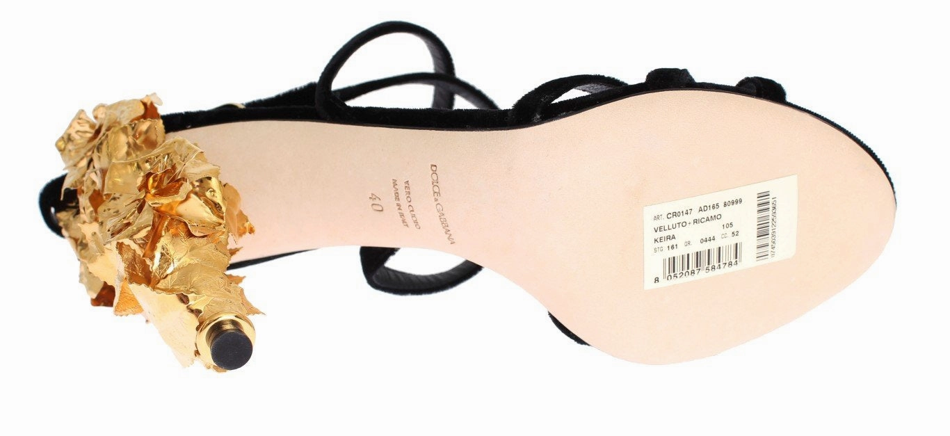 Black Velvet Gold Leaf Sandal Shoes Flat Sandals