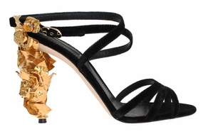 Platform Dress Sandals Black Velvet Gold Leaf Sandal Shoes