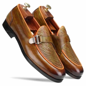 Raven Weave Buckled Loafers in Tan Loafers Thick Sole