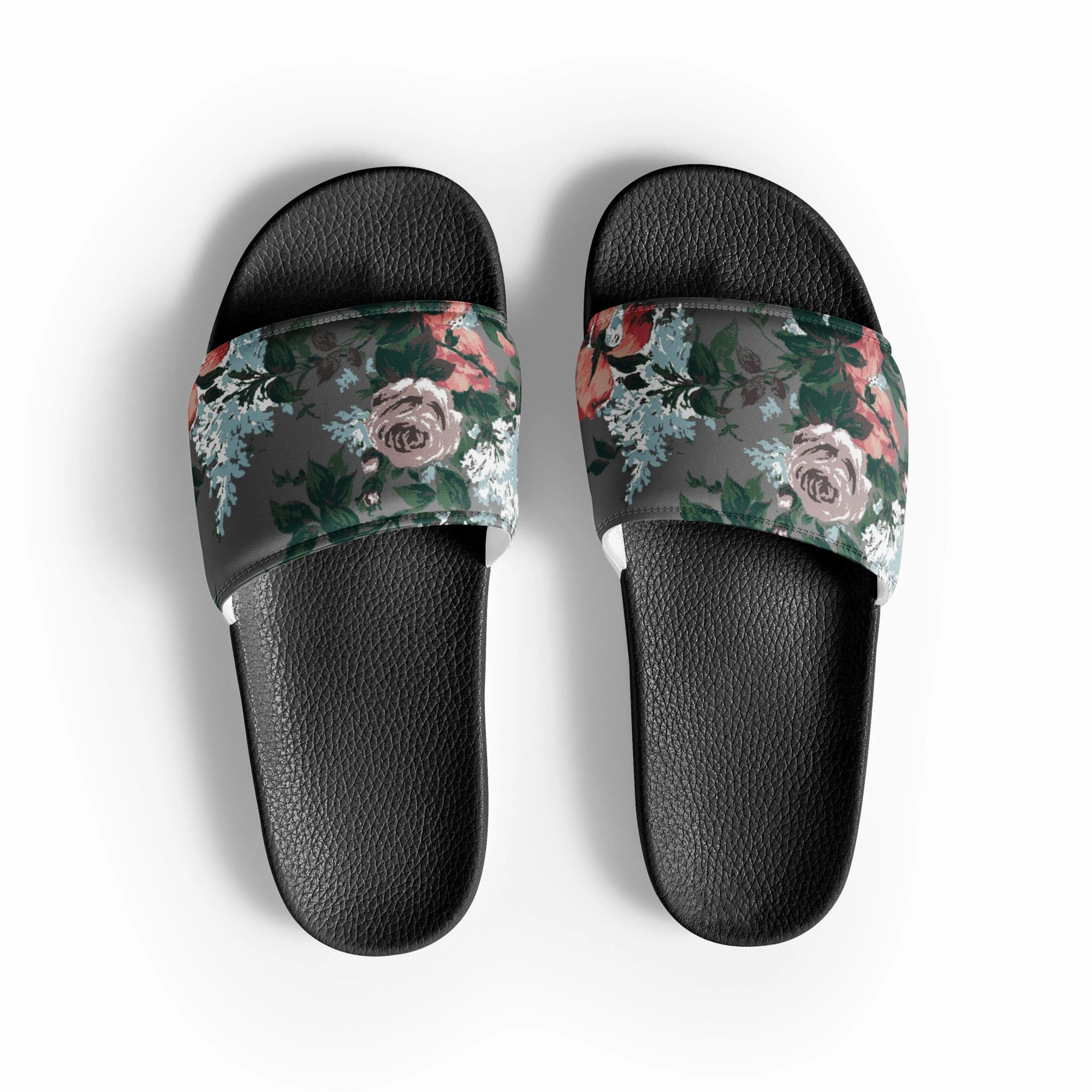 Women's Slides in Grey Bella Roses Floral Rubber Sole Ballerina Slippers