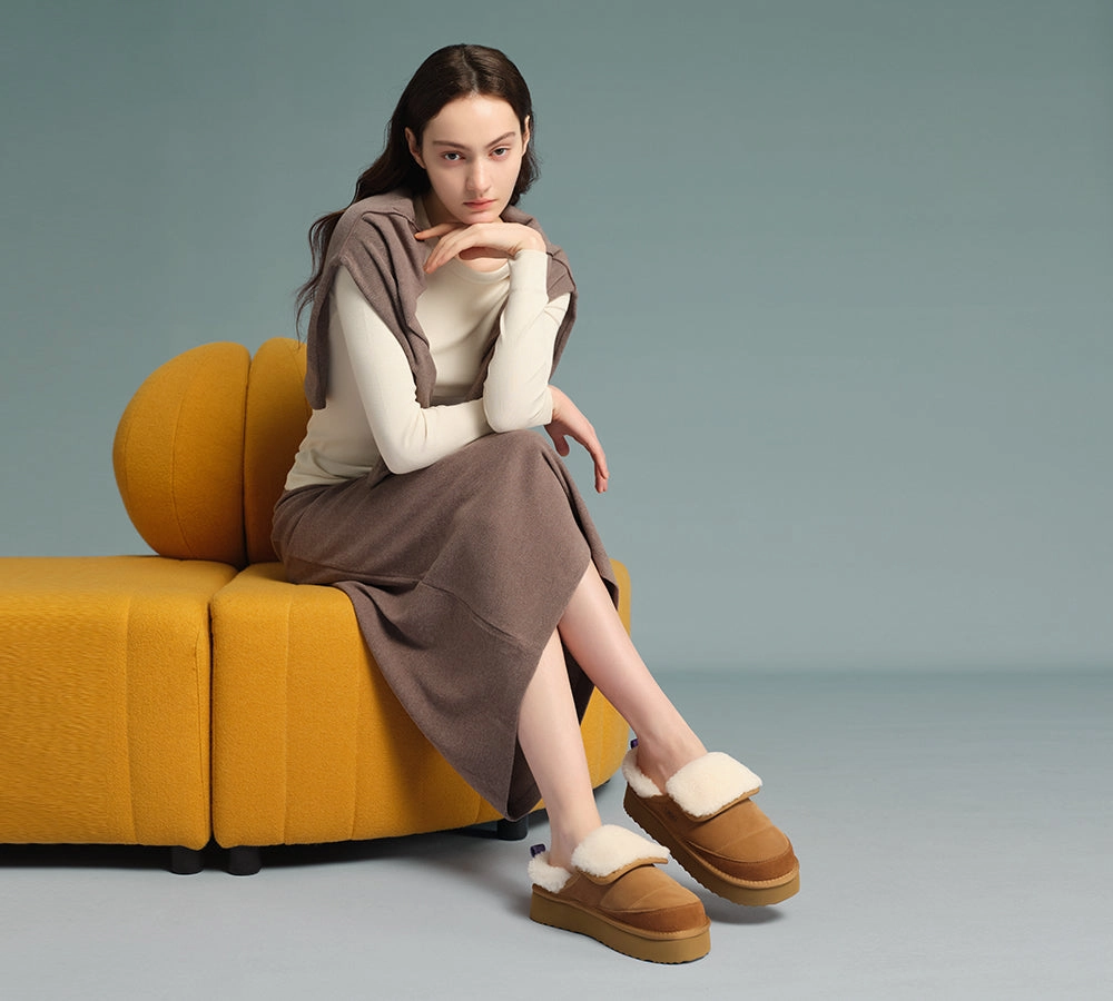 AUSTRALIAN SHEPHERD UGG Slippers Sheepskin Wool Platform Theia Platform Wedge Slide Sandals