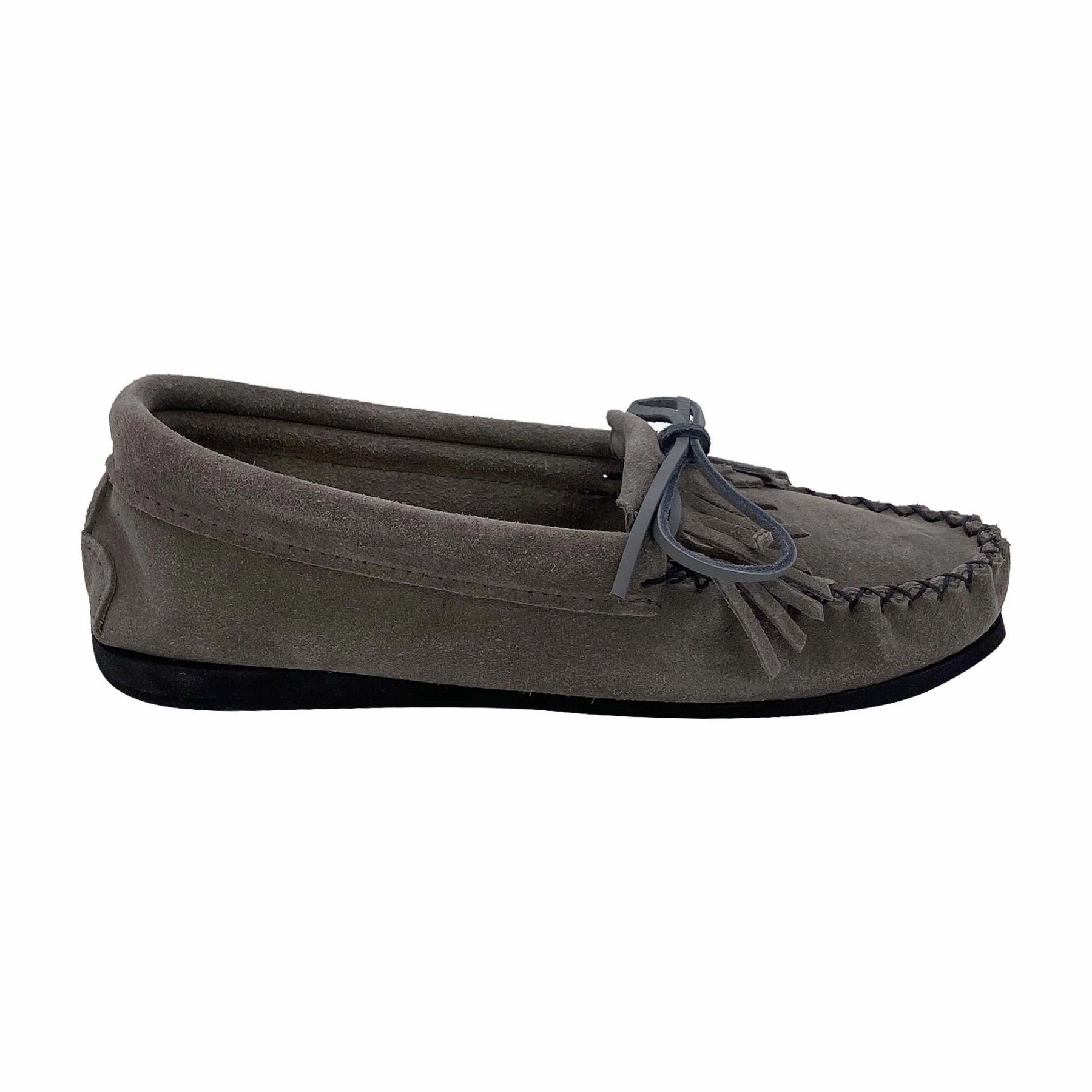 Women's Fringed Rubber Sole Gray Suede Moccasins Cabela Slippers