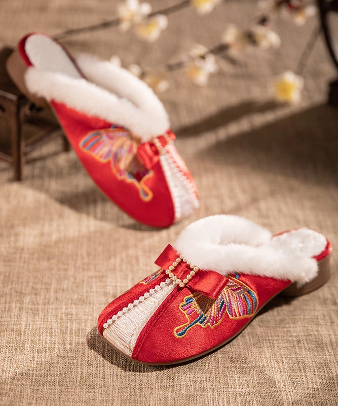 Rugged Slippers Retro Embroidery Chunky Slippers Shoes White Satin Fuzzy Wool Lined RX027