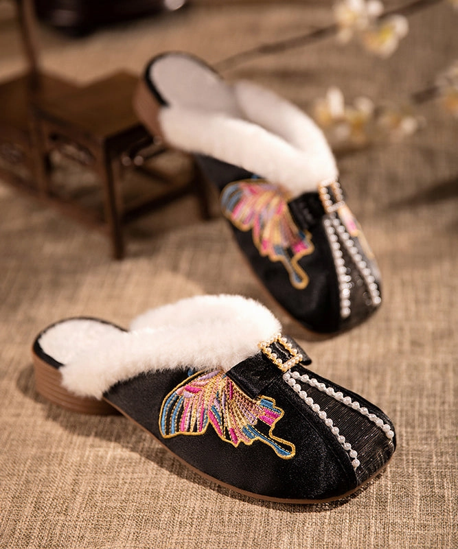Retro Embroidery Chunky Slippers Shoes White Satin Fuzzy Wool Lined RX027 Hpuse Slippers