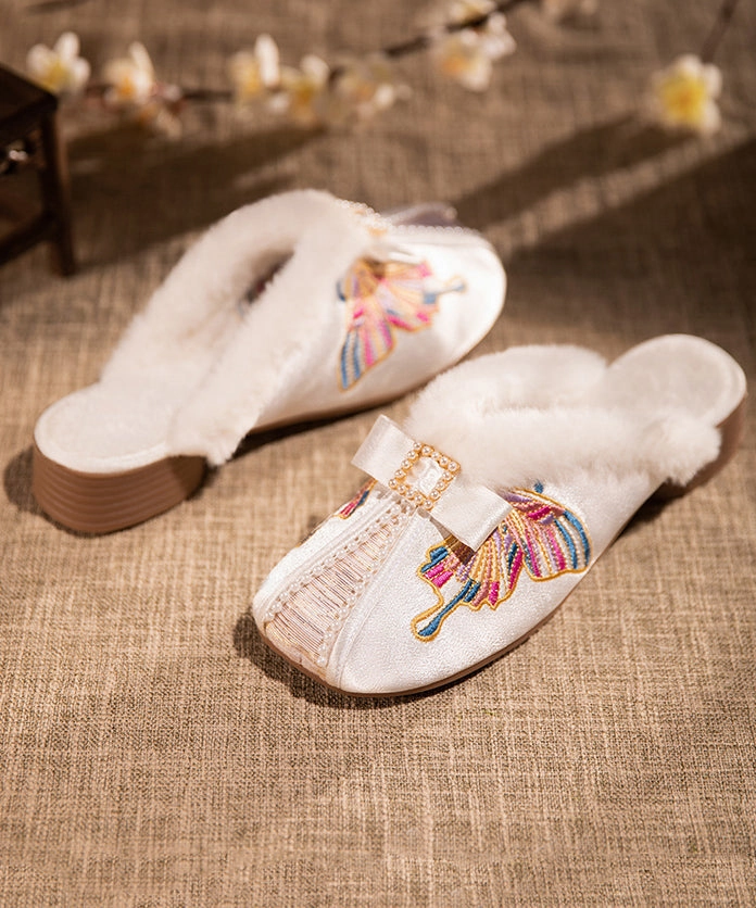 Retro Embroidery Chunky Slippers Shoes White Satin Fuzzy Wool Lined RX027 Ignite Slides