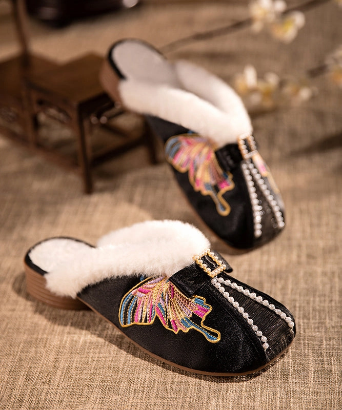 Retro Embroidery Chunky Slippers Shoes White Satin Fuzzy Wool Lined RX027