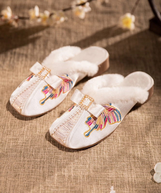 Retro Embroidery Chunky Slippers Shoes White Satin Fuzzy Wool Lined RX027 Grandpa'