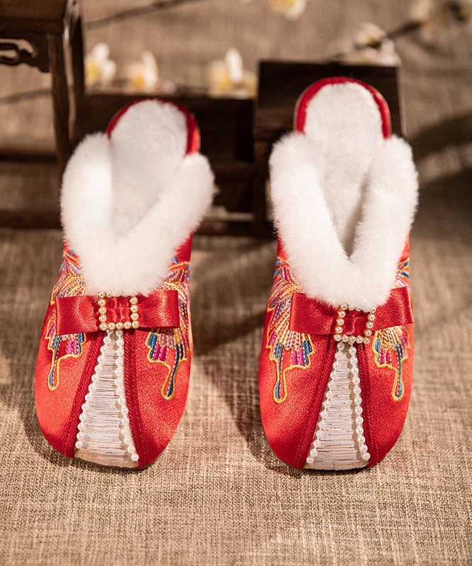 Seal Tasman Slippers Retro Embroidery Chunky Slippers Shoes White Satin Fuzzy Wool Lined RX027