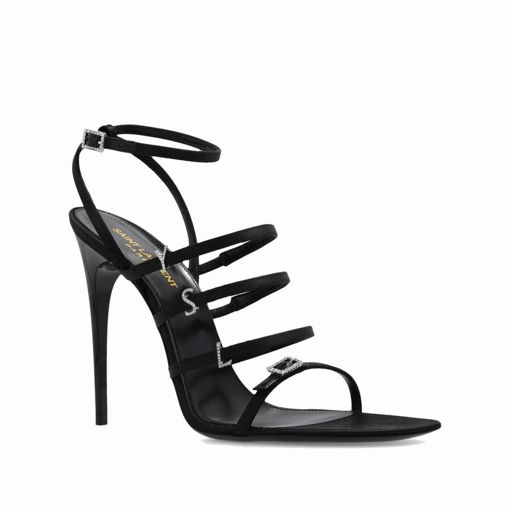Saint Laurent Black Silk Stiletto Heel Sandals Fashionable Comfort Sandals