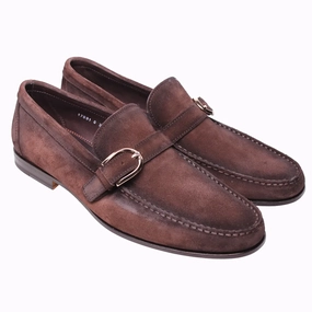 Santoni - Brown Slip On Single Buckle Suede Loafers Laurent Loafers