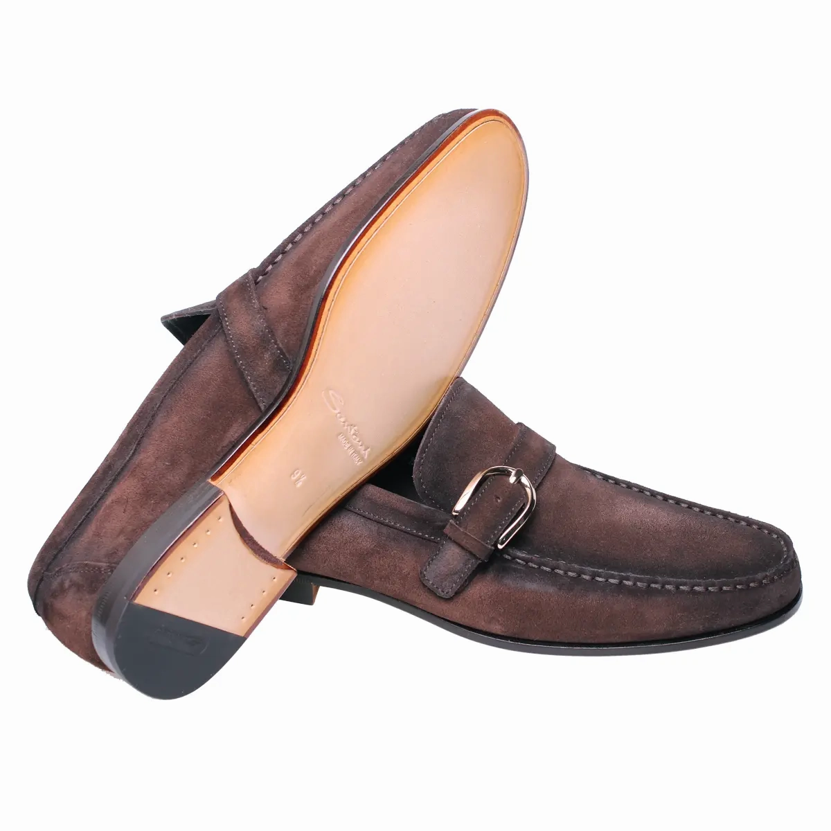 Santoni - Brown Slip On Single Buckle Suede Loafers Moto Loafers