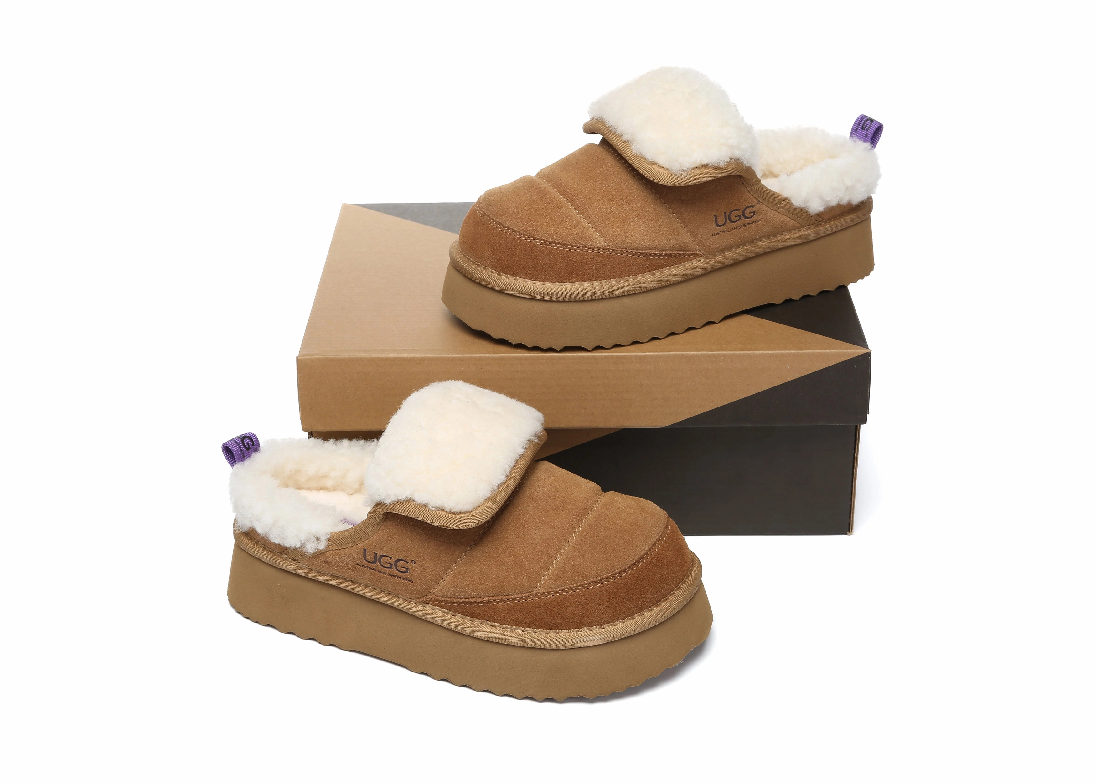 Jumbo Slippers AUSTRALIAN SHEPHERD UGG Slippers Sheepskin Wool Platform Theia