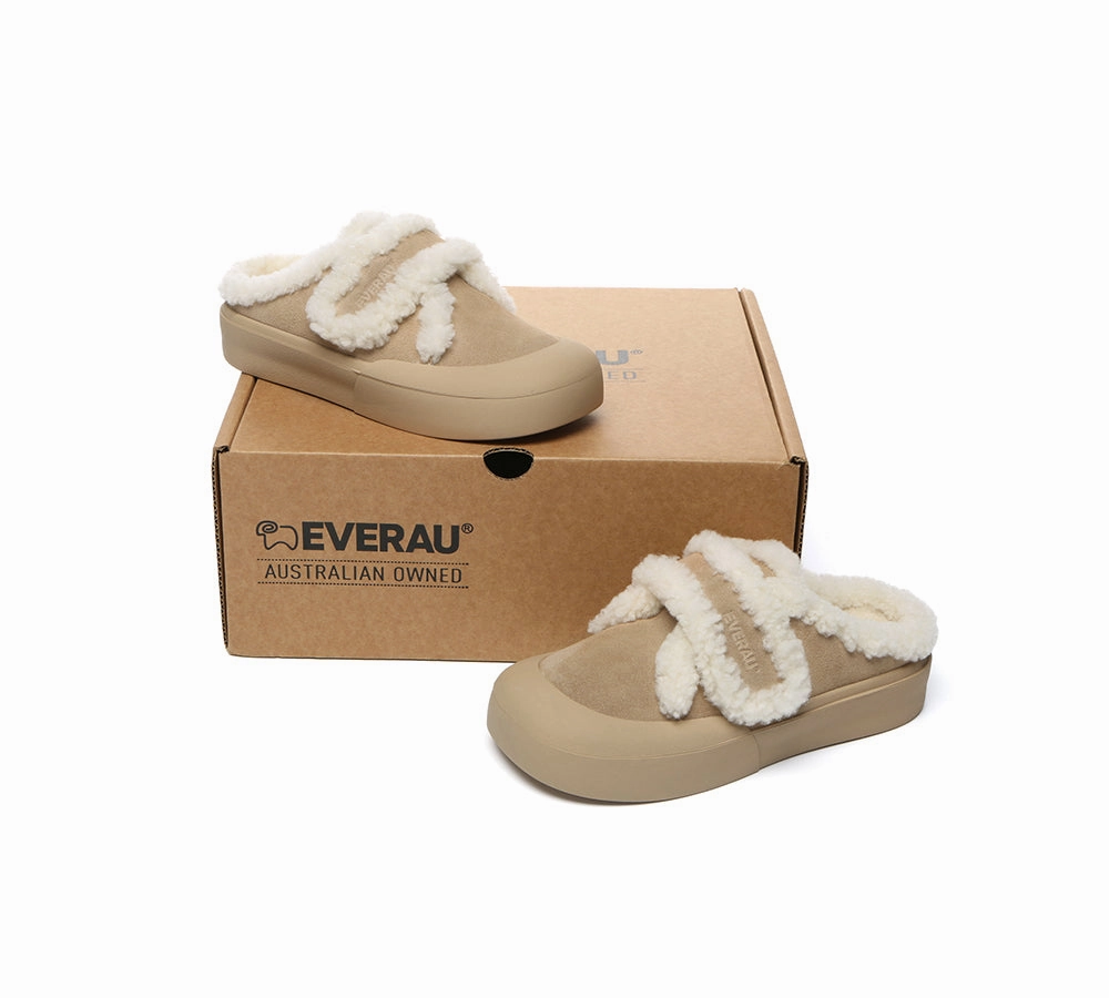 EVERAU UGG Slippers Women Sheepskin Wool Adjustable Strap Shearling Lined Stacia Unisex-adult Mellow Recovery Slides