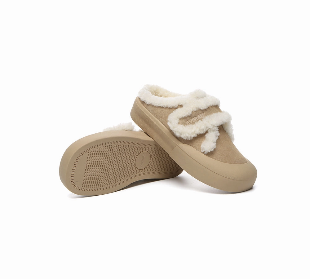 EVERAU UGG Slippers Women Sheepskin Wool Adjustable Strap Shearling Lined Stacia Criss Cross Slippers
