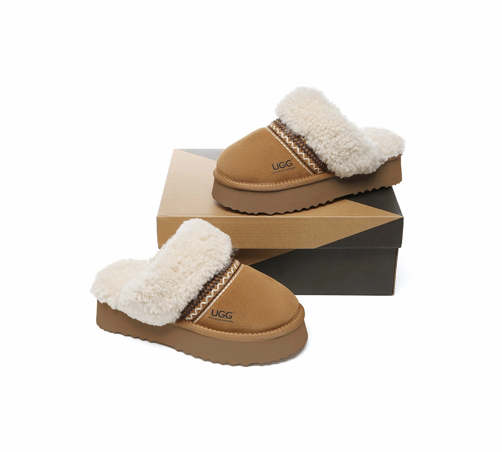 Double T Slides AUSTRALIAN SHEPHERD UGG Slippers Sheepskin Wool Knitted Platform Isle