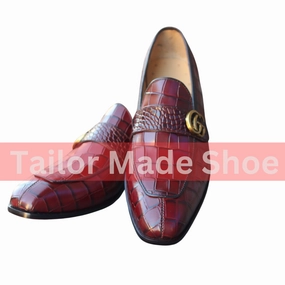 Burgundy Crocodile-Embossed Leather Loafers  Perfect for Formal & Casual Wear Tailor Made Handmade Leather Loafers  Premium Crocodile Finish for Men Loafers Slip On