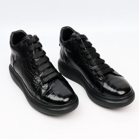 Men's Genuine Crocodile Leather Sneakers Boots Black Shoes Basic Loafers Pierced