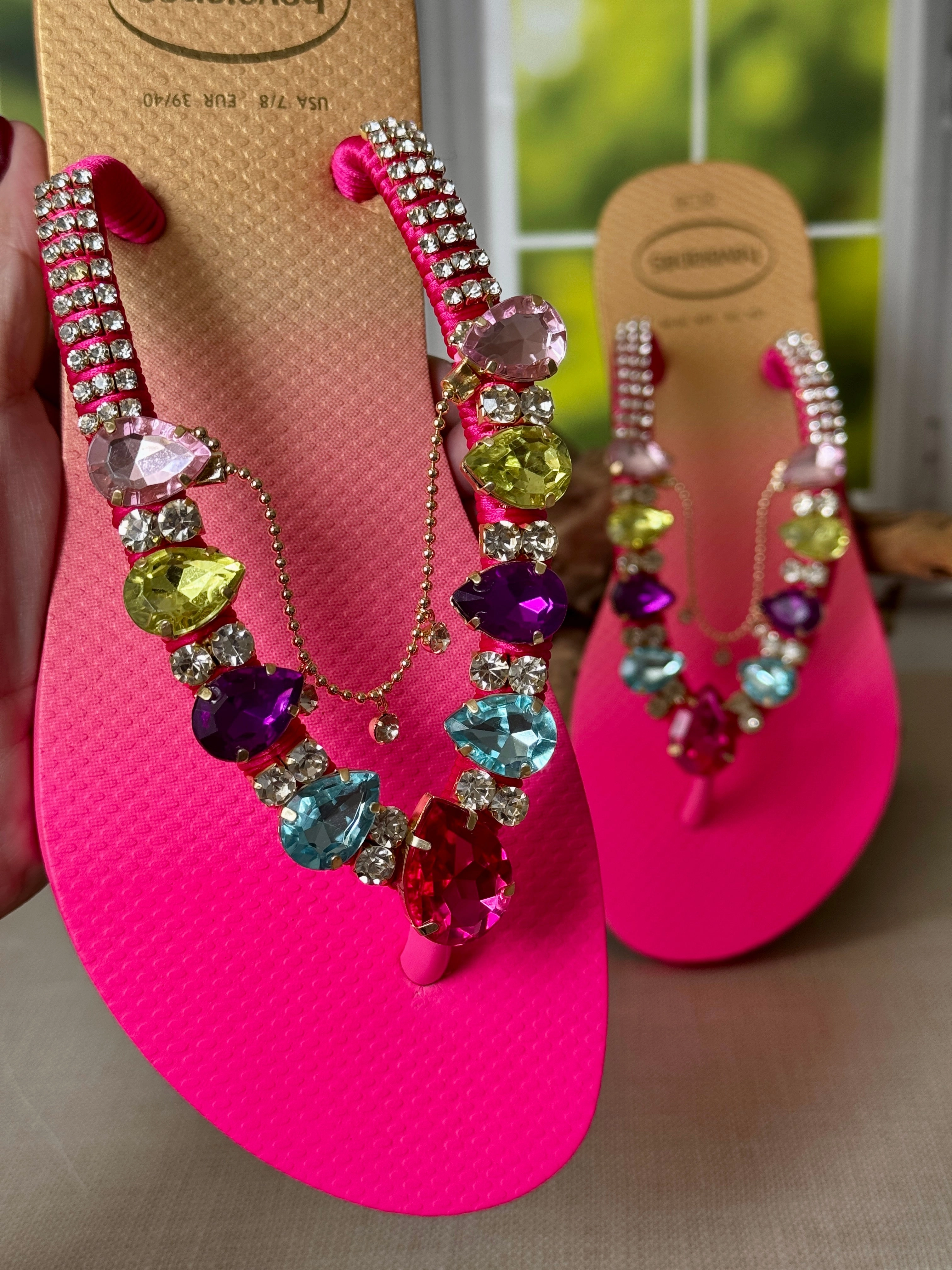 Sparkly Bachelorette Gift Crystal Sandal Handmade Pink Sole Sandy Flip Flops