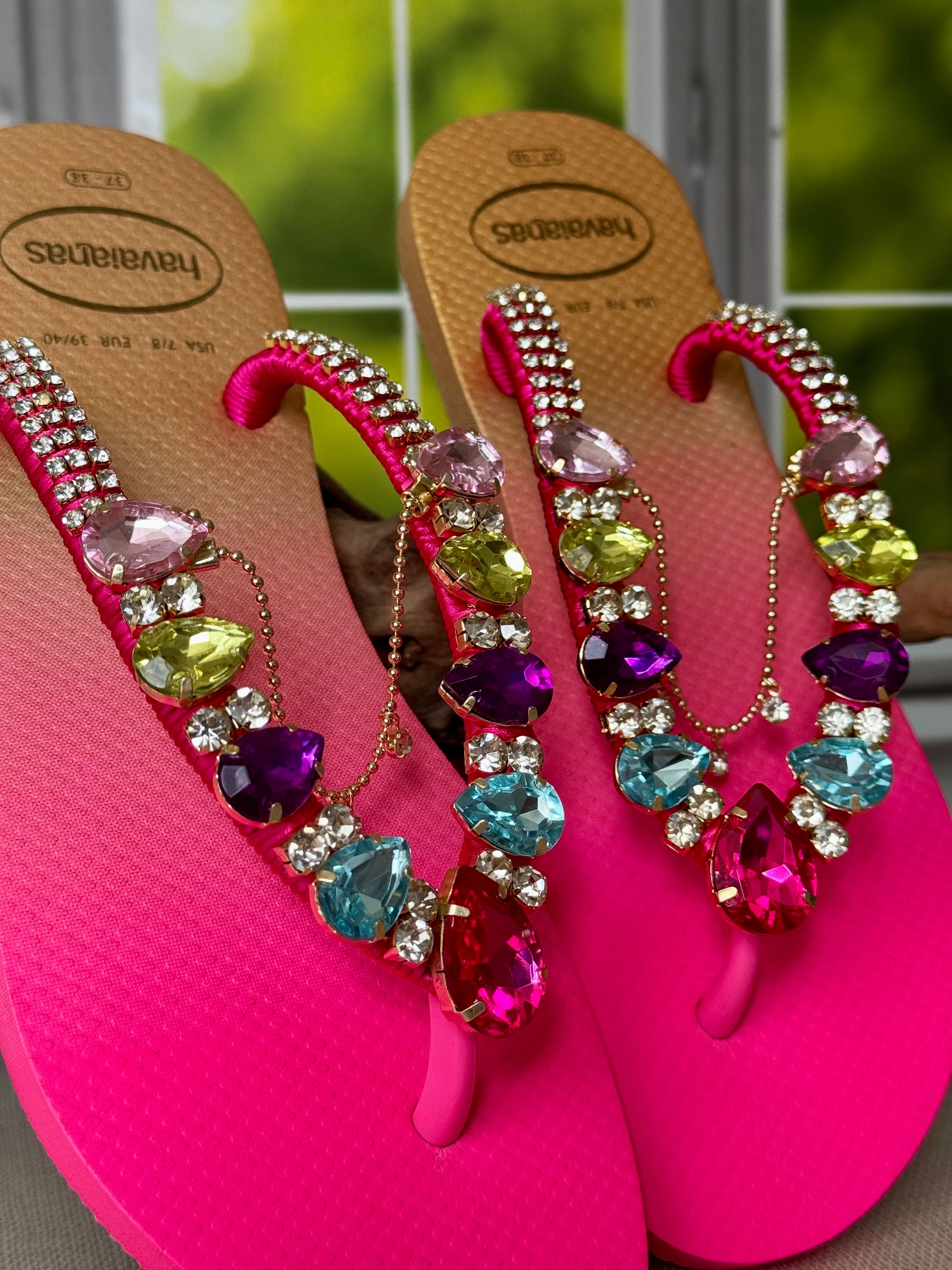 Flip Flops Wide Fit Sparkly Bachelorette Gift Crystal Sandal Handmade Pink Sole