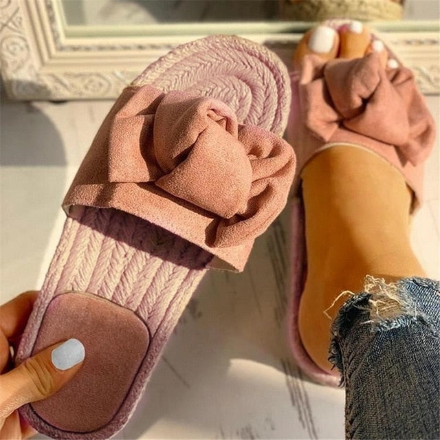 Puimentiua Women Slippers Bow Summer Sandals Indoor Outdoor Linen -flops Beach Women Shoes Female Flat Sandals Drop shipping