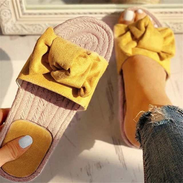 Puimentiua Women Slippers Bow Summer Sandals Indoor Outdoor Linen -flops Beach Women Shoes Female Flat Sandals Drop shipping